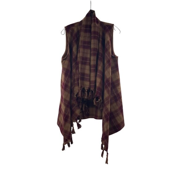 Entro Women's Plaid Sleeveless Cardigan Open Front Wine/Tan Size Small Fringe - Picture 1 of 8